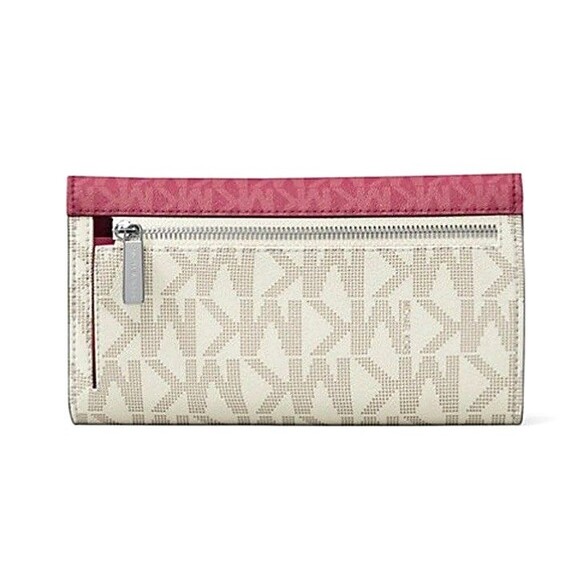 New Michael Kors Jet Set Travel Large Logo Trifold Wallet Dark Raspberry Multi - Picture 4 of 4